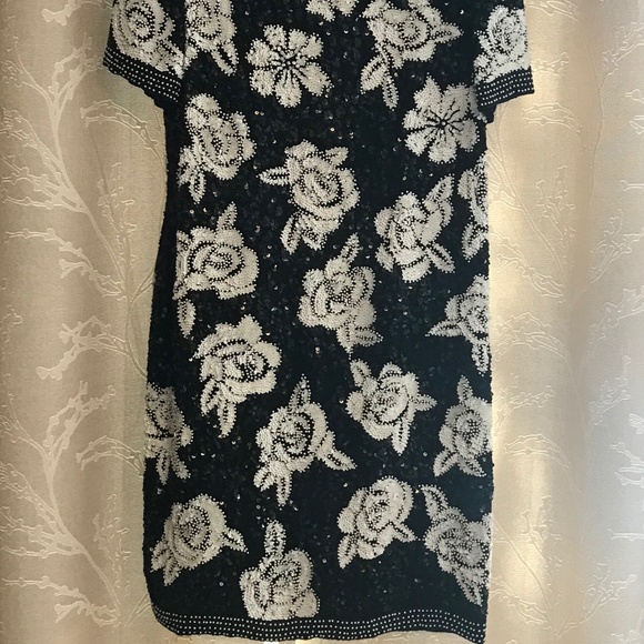 Beaded Sequined Black Floral Cocktail Dress - Picture 3 of 4